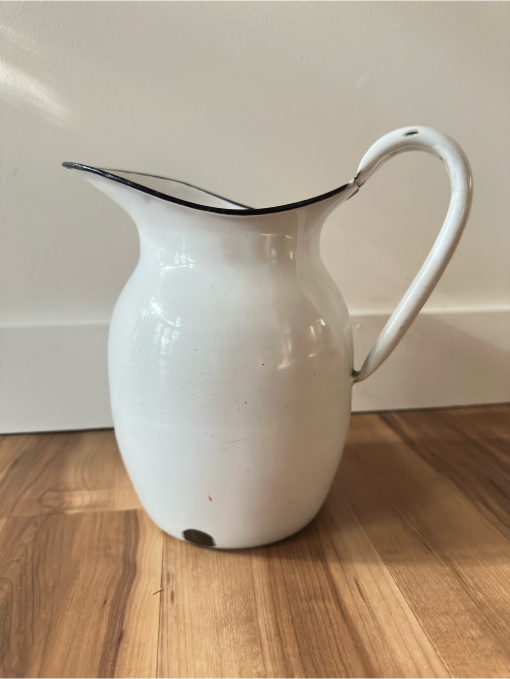 Vintage White Enamel Pitcher Large Decorative Vase Cottagecore Primitive French